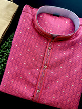 Strawberry Pink Color Soft Raw Silk Men Kurta Pajama Self Design and tiny Zari Weave | Party Wear Men Ethnic Wear | Wedding Wear Kurta