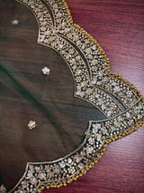 Bottle Green Color Net Dupatta with Gold Zari, Sequin and Beads | Pink Color Dupatta | Sequin Dupatta | Indian Dupatta for Lehanga