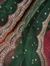 Bottle Green Color Net Dupatta with Gold Zari, Sequin and Beads | Pink Color Dupatta | Sequin Dupatta | Indian Dupatta for Lehanga