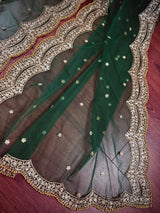 Bottle Green Color Net Dupatta with Gold Zari, Sequin and Beads | Pink Color Dupatta | Sequin Dupatta | Indian Dupatta for Lehanga