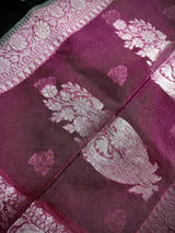 Bottle Green Banarasi Semi Kora Saree Check Saree with Dusty Pink Border and Pallu | Banarasi Saree