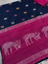 Navy Blue and Purple Color Handloom Cotton Silk Saree with Thread Work | Handloom Sarees | Kaash Collection