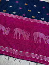 Navy Blue and Purple Color Handloom Cotton Silk Saree with Thread Work | Handloom Sarees | Kaash Collection