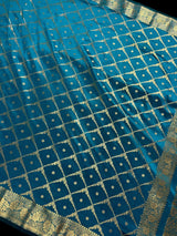 Teal Color Banarasi Handloom Semi Soft Silk Saree | Muted Gold Zari Weave | Banarasi Sarees | Teal Color Saree | Party Wear Sarees