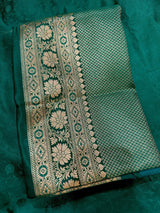 Rama Green Color Soft Mashru Silk handloom Tanchoi Saree with Gold Banarasi Border and Pallu | Banarasi Mashru Silk Saree