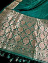 Rama Green Color Soft Mashru Silk handloom Tanchoi Saree with Gold Banarasi Border and Pallu | Banarasi Mashru Silk Saree