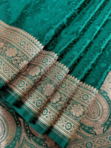 Rama Green Color Soft Mashru Silk handloom Tanchoi Saree with Gold Banarasi Border and Pallu | Banarasi Mashru Silk Saree