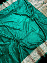 Rama Green Color Soft Mashru Silk handloom Tanchoi Saree with Gold Banarasi Border and Pallu | Banarasi Mashru Silk Saree
