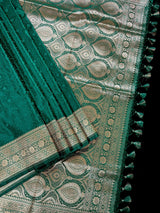 Rama Green Color Soft Mashru Silk handloom Tanchoi Saree with Gold Banarasi Border and Pallu | Banarasi Mashru Silk Saree