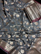 Statement Handmade Grey Green Color Semi Katan Banarasi Silk Saree | Muted Gold Zari Weaving | Semi Katan Silk Sarees