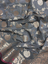 Statement Handmade Grey Green Color Semi Katan Banarasi Silk Saree | Muted Gold Zari Weaving | Semi Katan Silk Sarees