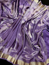 Statement Handmade Pastel Lavender Color Saree with thin Striped Banarasi Satin Tissue Silk Saree