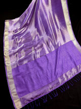 Statement Handmade Pastel Lavender Color Saree with thin Striped Banarasi Satin Tissue Silk Saree