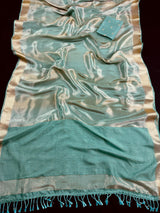 Statement Handmade Deep Turquoise Color Saree with thin Striped Banarasi Satin Tissue Silk Saree