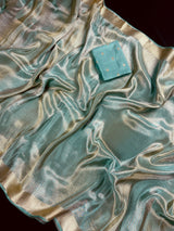 Statement Handmade Deep Turquoise Color Saree with thin Striped Banarasi Satin Tissue Silk Saree