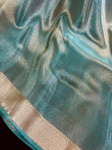 Statement Handmade Deep Turquoise Color Saree with thin Striped Banarasi Satin Tissue Silk Saree