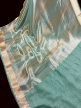 Statement Handmade Deep Turquoise Color Saree with thin Striped Banarasi Satin Tissue Silk Saree