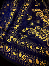 Midnight Blue Color Bangalori Silk Saree with Hand Kantha Stitch with Yellow Color Kantha | Handwoven Kantha Stitch Sarees