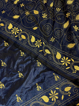 Midnight Blue Color Bangalori Silk Saree with Hand Kantha Stitch with Yellow Color Kantha | Handwoven Kantha Stitch Sarees
