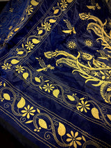 Midnight Blue Color Bangalori Silk Saree with Hand Kantha Stitch with Yellow Color Kantha | Handwoven Kantha Stitch Sarees