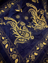 Midnight Blue Color Bangalori Silk Saree with Hand Kantha Stitch with Yellow Color Kantha | Handwoven Kantha Stitch Sarees
