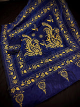 Midnight Blue Color Bangalori Silk Saree with Hand Kantha Stitch with Yellow Color Kantha | Handwoven Kantha Stitch Sarees