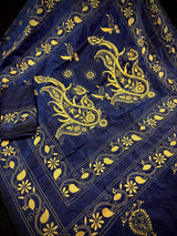 Midnight Blue Color Bangalori Silk Saree with Hand Kantha Stitch with Yellow Color Kantha | Handwoven Kantha Stitch Sarees