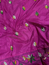 Handmade Deep Pink Color Kantha Saree in Bangalori Silk | Handwoven Kantha Stitch Sarees with Multi Color | Kantha Stitch Silk Saree