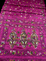 Handmade Deep Pink Color Kantha Saree in Bangalori Silk | Handwoven Kantha Stitch Sarees with Multi Color | Kantha Stitch Silk Saree
