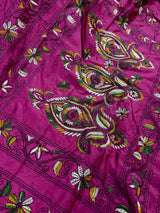 Handmade Deep Pink Color Kantha Saree in Bangalori Silk | Handwoven Kantha Stitch Sarees with Multi Color | Kantha Stitch Silk Saree
