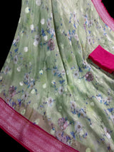 Pastel Pista Green with Hot Pink Color Chiffon Soft Kora Silk Saree with Sliver Zari | Floral Digital Prints | Chiffon Silk Sarees