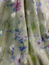 Pastel Pista Green with Hot Pink Color Chiffon Soft Kora Silk Saree with Sliver Zari | Floral Digital Prints | Chiffon Silk Sarees