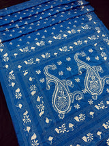 Blue Color Bangalori Silk Saree with White Thread Hand Kantha Stitch | Handwoven Kantha Stitch Sarees | Kantha Sarees