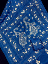 Blue Color Bangalori Silk Saree with White Thread Hand Kantha Stitch | Handwoven Kantha Stitch Sarees | Kantha Sarees