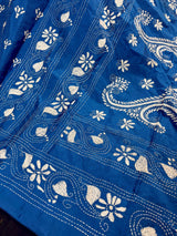 Blue Color Bangalori Silk Saree with White Thread Hand Kantha Stitch | Handwoven Kantha Stitch Sarees | Kantha Sarees