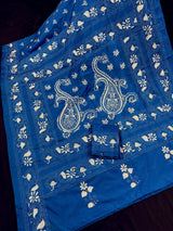 Blue Color Bangalori Silk Saree with White Thread Hand Kantha Stitch | Handwoven Kantha Stitch Sarees | Kantha Sarees