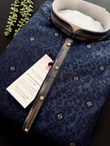 Blue Color Indian Kurta for Men | Embossed Embroidery and Zari | Sherwani Style Kurta | Indian Wedding Kurta