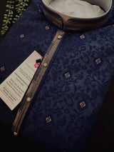 Blue Color Indian Kurta for Men | Embossed Embroidery and Zari | Sherwani Style Kurta | Indian Wedding Kurta