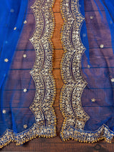 Blue Color Net Dupatta with Gold Zari, Sequin and Beads | Sequin Dupatta | Sequin Dupattas | Indian Dupatta for Lehanga