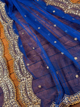 Blue Color Net Dupatta with Gold Zari, Sequin and Beads | Sequin Dupatta | Sequin Dupattas | Indian Dupatta for Lehanga