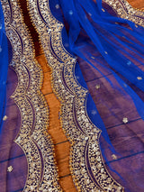 Blue Color Net Dupatta with Gold Zari, Sequin and Beads | Sequin Dupatta | Sequin Dupattas | Indian Dupatta for Lehanga