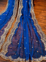 Blue Color Net Dupatta with Gold Zari, Sequin and Beads | Sequin Dupatta | Sequin Dupattas | Indian Dupatta for Lehanga
