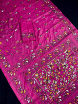 Pink Color Bangalori Silk Saree with Hand Kantha Stitch | Handwoven Kantha Stitch Sarees | Kantha Saress | Bengal Sarees