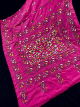 Pink Color Bangalori Silk Saree with Hand Kantha Stitch | Handwoven Kantha Stitch Sarees | Kantha Saress | Bengal Sarees