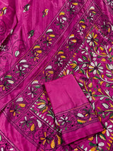 Pink Color Bangalori Silk Saree with Hand Kantha Stitch | Handwoven Kantha Stitch Sarees | Kantha Saress | Bengal Sarees