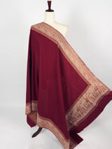 Wool Shawl in Burgundy Color with Gold and Copper Resham Aari Thread Work Shawl with Historial Figures and Elephants | Gift For Her