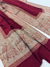 Wool Shawl in Burgundy Color with Gold and Copper Resham Aari Thread Work Shawl with Historial Figures and Elephants | Gift For Her