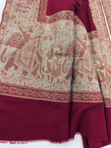 Wool Shawl in Burgundy Color with Gold and Copper Resham Aari Thread Work Shawl with Historial Figures and Elephants | Gift For Her