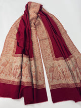 Wool Shawl in Burgundy Color with Gold and Copper Resham Aari Thread Work Shawl with Historial Figures and Elephants | Gift For Her