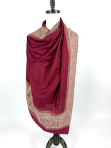 Wool Shawl in Burgundy Color with Gold and Copper Resham Aari Thread Work Shawl with Historial Figures and Elephants | Gift For Her